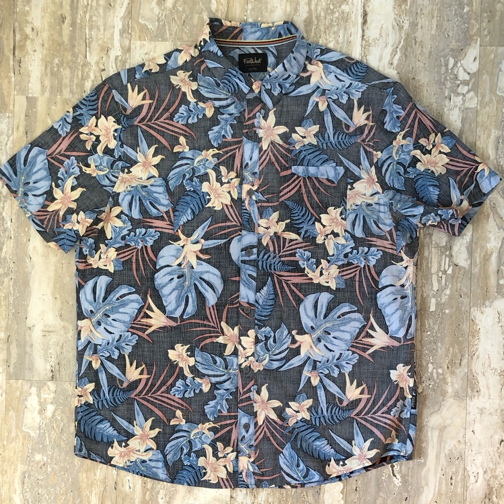 Far West Men’s Hawaiian Shirt Monstera Leaves and Flowers. Sewn Muted-side Out.